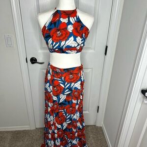 Lulu's Red & Blue Floral Halter Crop Top with Maxi Skirt